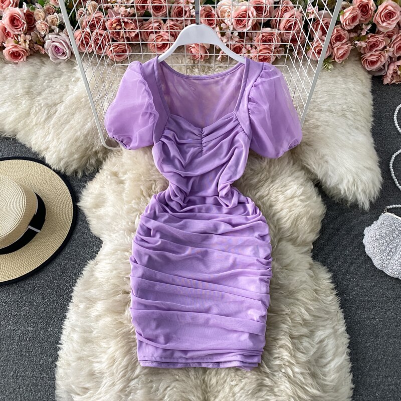 Sexy Mesh Draped Bodycon Dress Women Elegant Square Collar Short Puff Sleeve Pleated Vestidos Female Summer