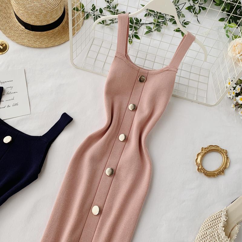 Summer Pink/Red/White/Black Women Knitted Dress Vintage High Waist Button Single-breasted Slim Casual Dress For Female New
