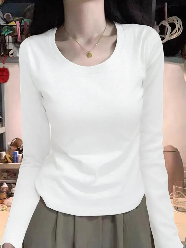 Maxct Shoulder T-Shirt Women's Spring and Autumn Outer Wearing Tight Waist Slim-Fit Pure Cotton Winter Inner Base Shirt New Long Sleeve Top