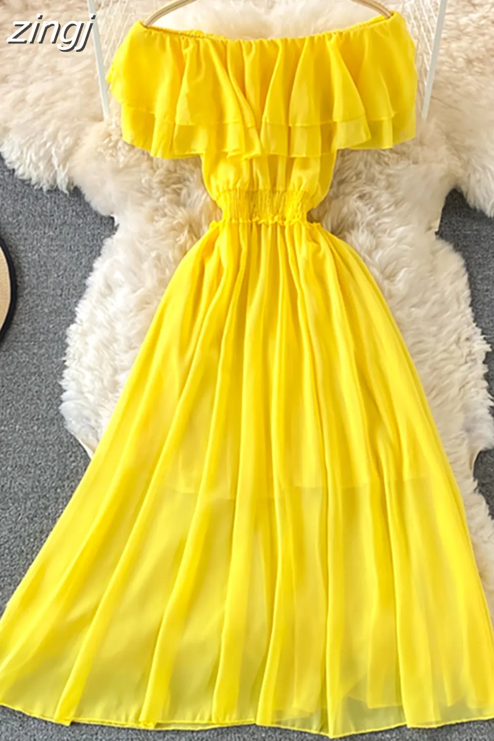 Maxct Chiffon Dress Women Sexy Slash Neck Ruffle Robe Elegant Ruffle High Waist Vestidos Female Beach Vacation New