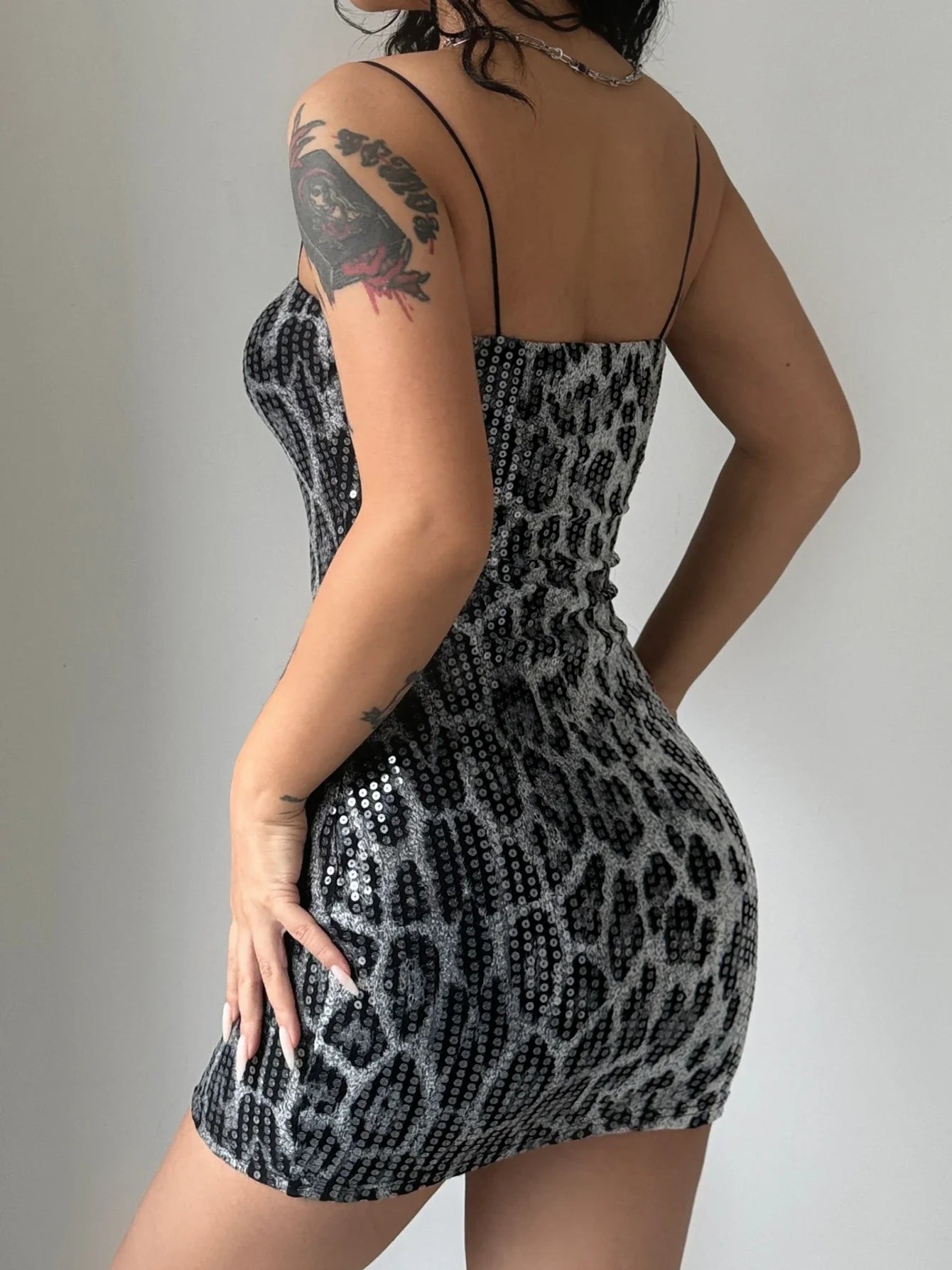 Leopard Print Spaghetti Shoulder Strap Square Collar Mini Dress Sparkly Sequins Party Club Y2K Clothes Maxct