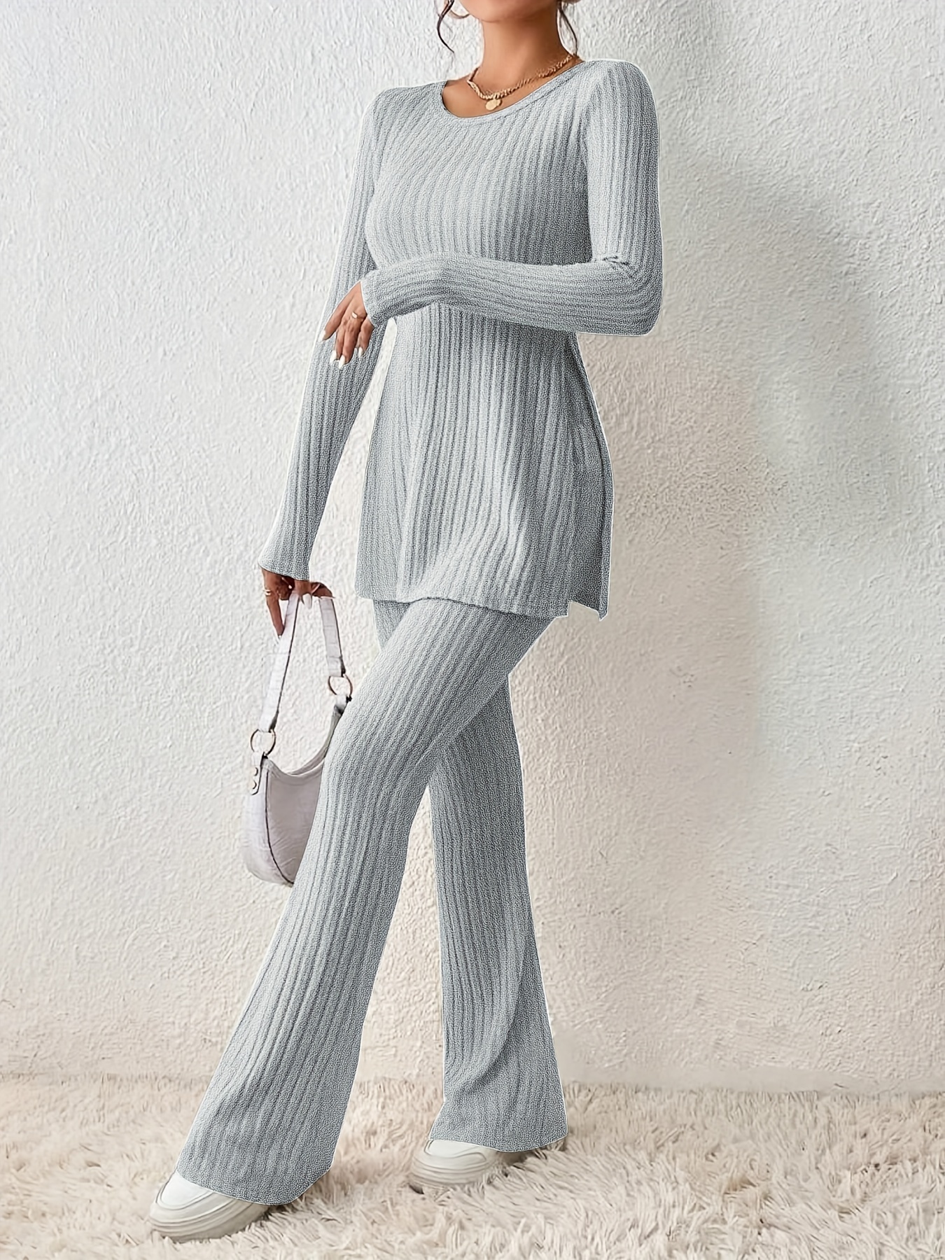 Solid Textured Two-piece Set, Long Sleeve Slit Long Length Top & Skinny Pants Outfits, Women's Clothing