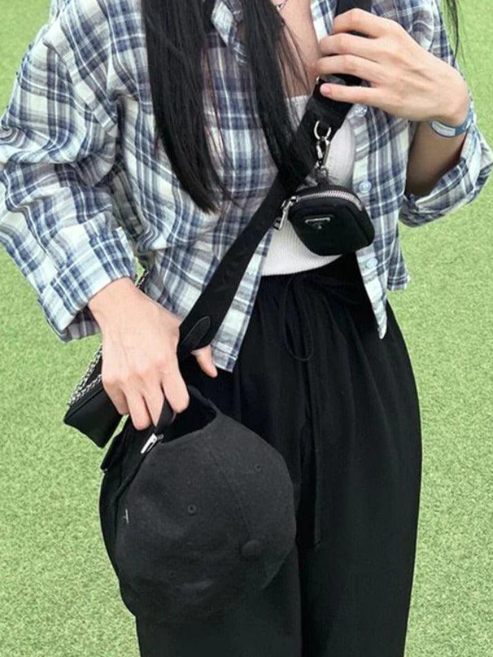 Maxct Vintage Plaid Short Loose Long Sleeve Blouse
