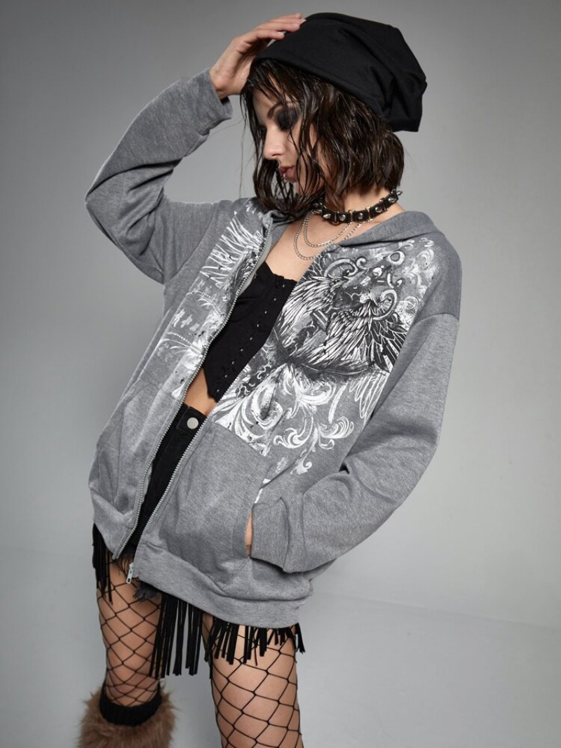 Maxct Zipper cardigan hooded European and American style Y2K retro loose version personalized street eagle print women's sweatshirt