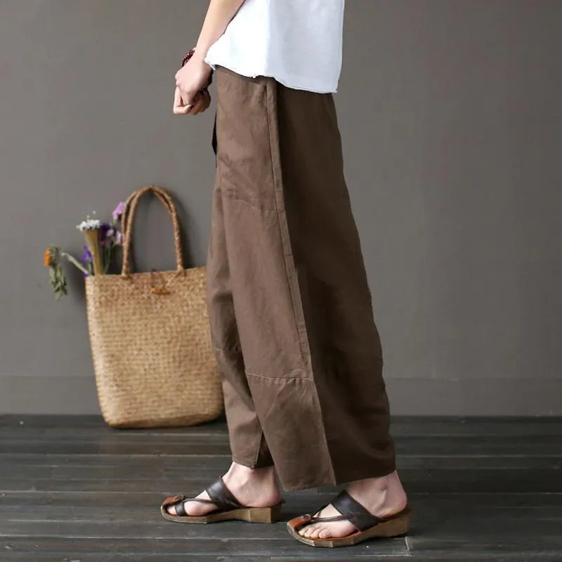 Cotton Linen Elastic Waist Pants With Pockets