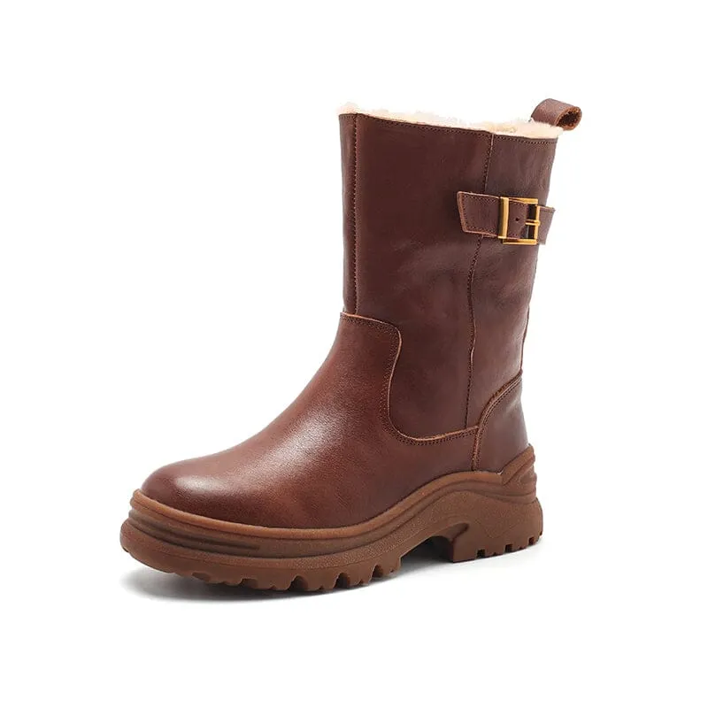 Womens Retro Mid Calf Boots Shearling Lined for Cold Winter Snow Boots Maxct