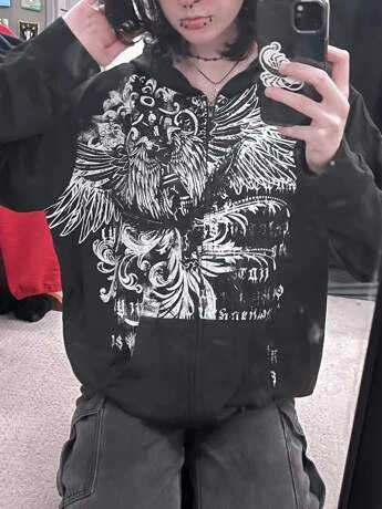 Zipper cardigan hooded European and American style Y2K retro loose version personalized street eagle print women's sweatshirt