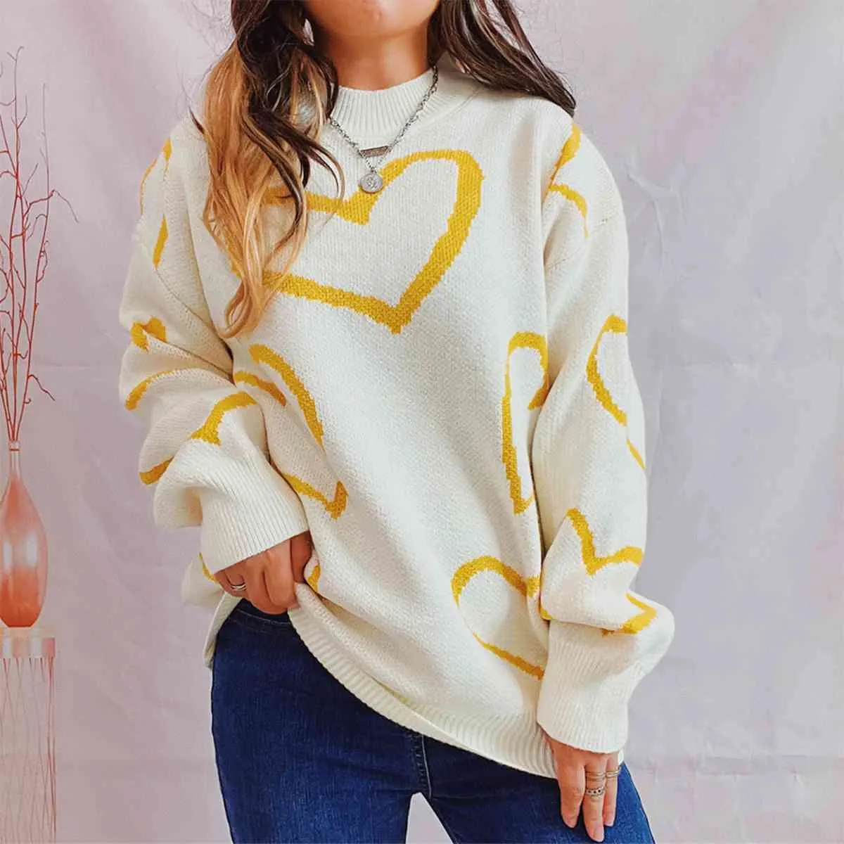 Maxct &Heart Pattern Long Sleeve Sweater