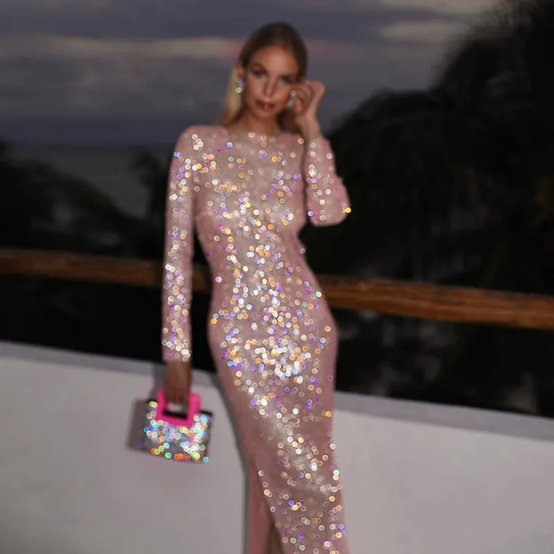 Sexy See Through Sheer Mesh Dress Elegant Solid Color Diamonds Slit Long Sleeves Dresses Party Club Lady Long Vestidos