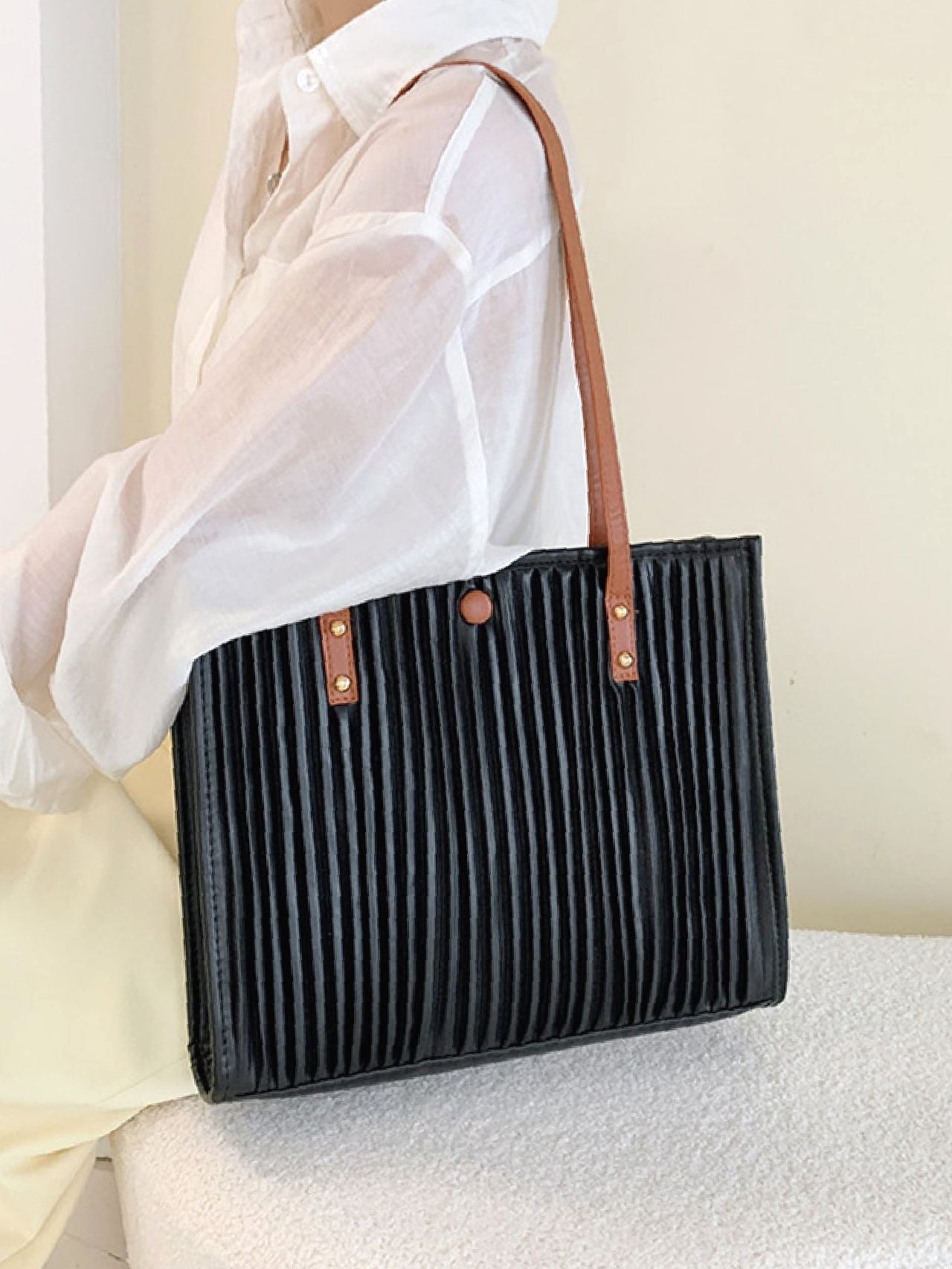 Maxct - Vertical Striped Shoulder Tote Bag  - Women Tote Bags