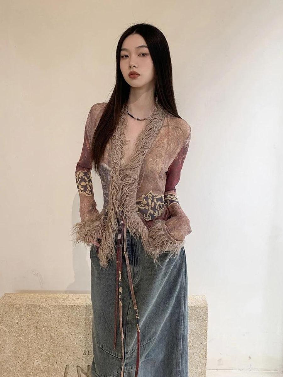Maxct &Vintage Faux Fur Detailed Lace Up Top