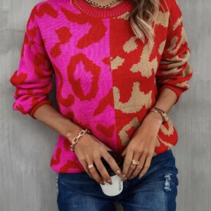 Maxct &Leopard Round Neck Long Sleeve Sweater
