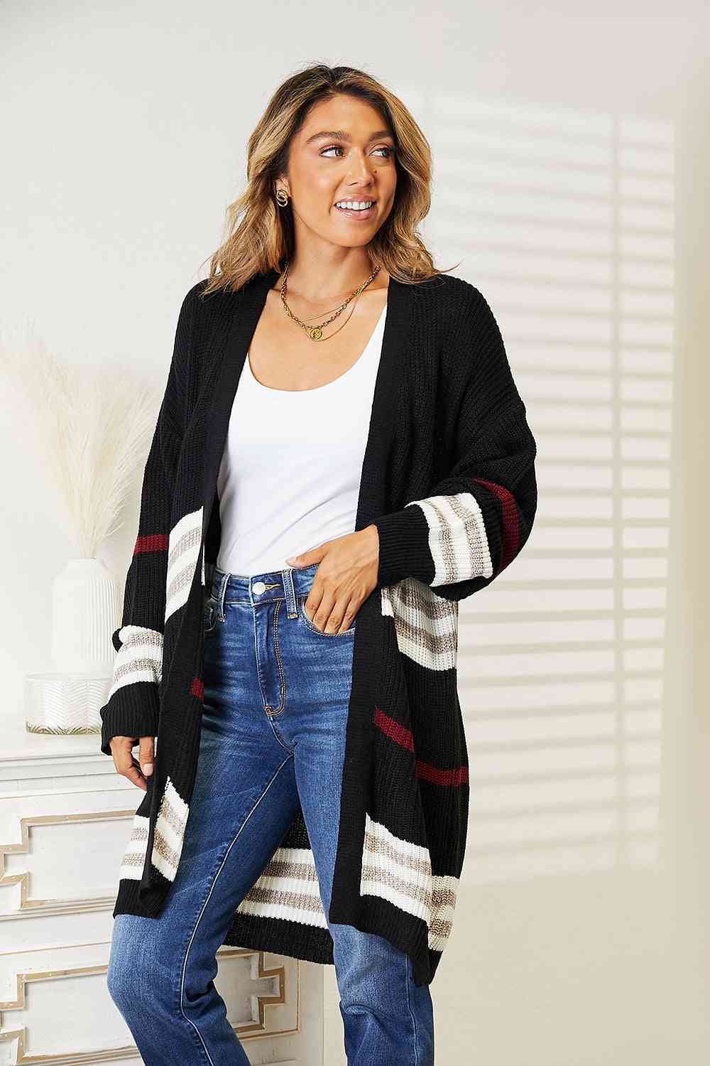 Maxct &Double Take Striped Rib-Knit Drop Shoulder Open Front Cardigan