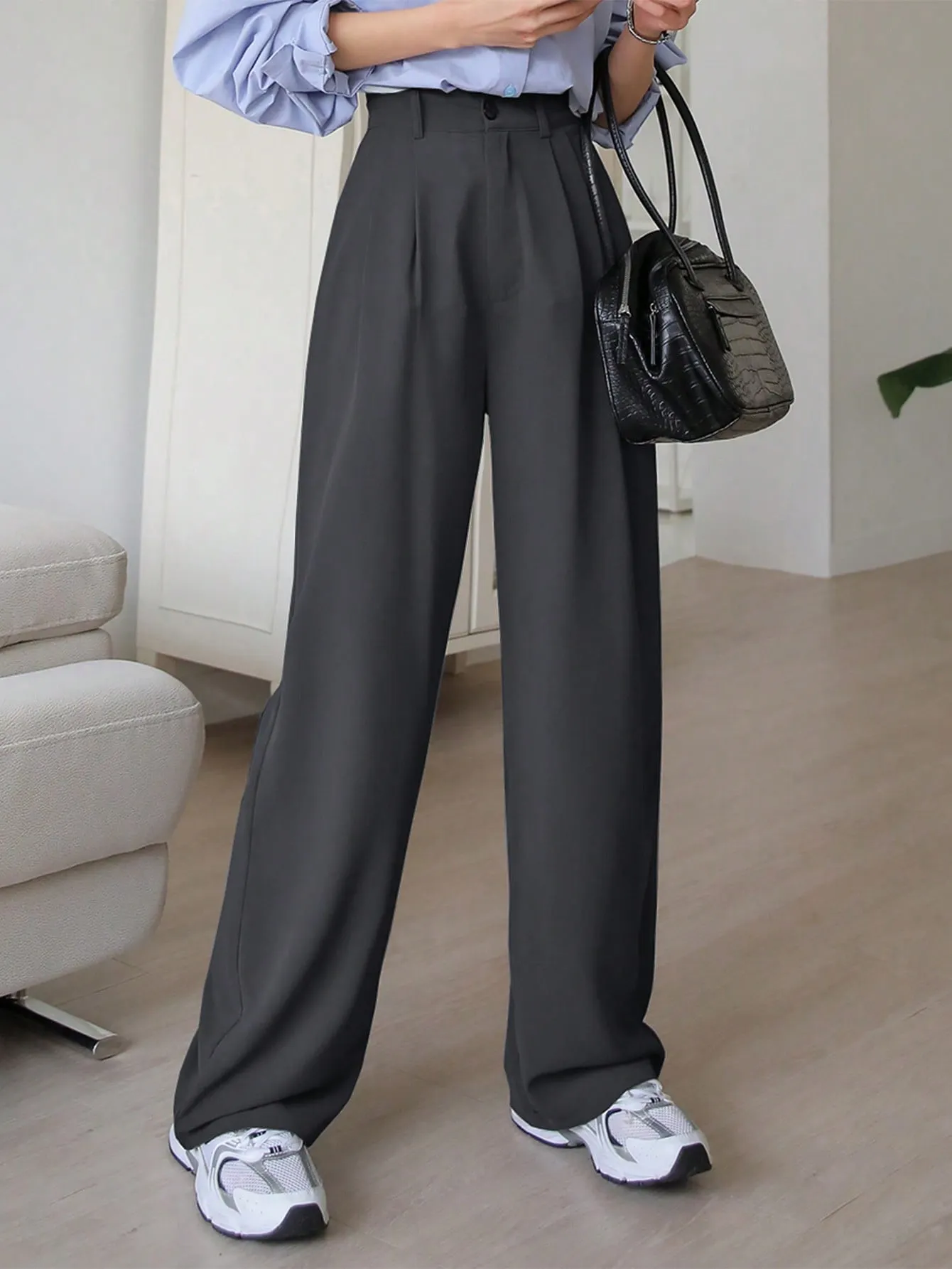Maxct Women's Solid Color Pleated Wide Leg Suit Pants For Casual Work