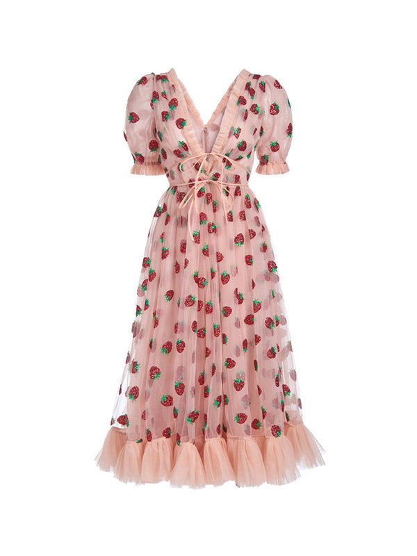 Sequined Strawberry Mesh Pleated Maxi Dress Maxct