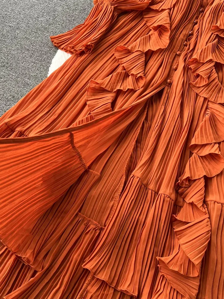 Maxct Maxct Chiffon Pleated Long Dress Women Vintage V-Neck Flare Sleeve Draped Ruffle Vestido Female Maxi Robe Spring Fall 1215-1