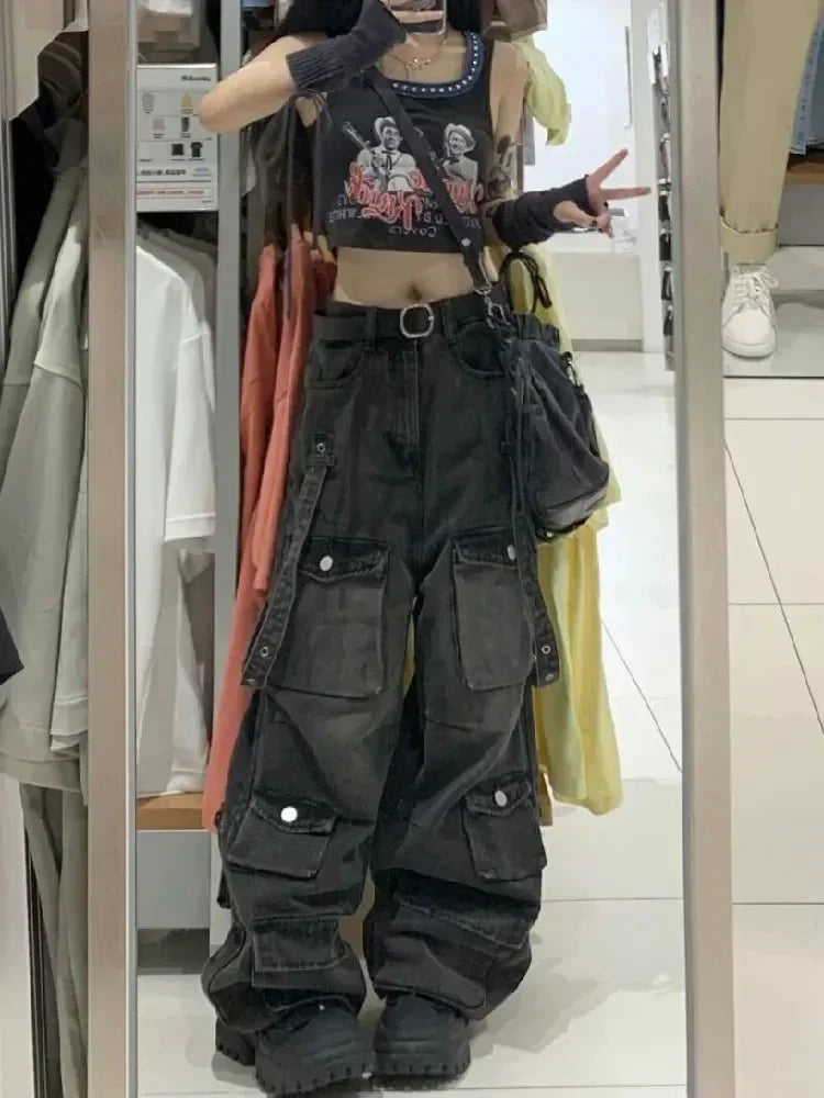 Emo Black Cargo Jeans for Women Maxct