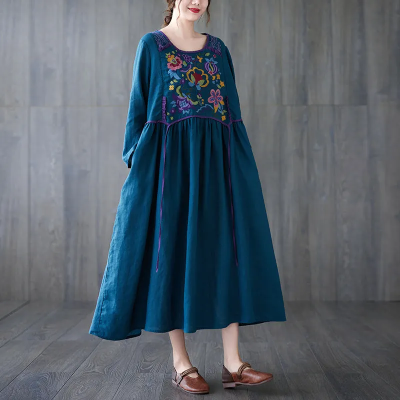 Maxct Women Autumn Retro Embroidery Cotton Linen Dress