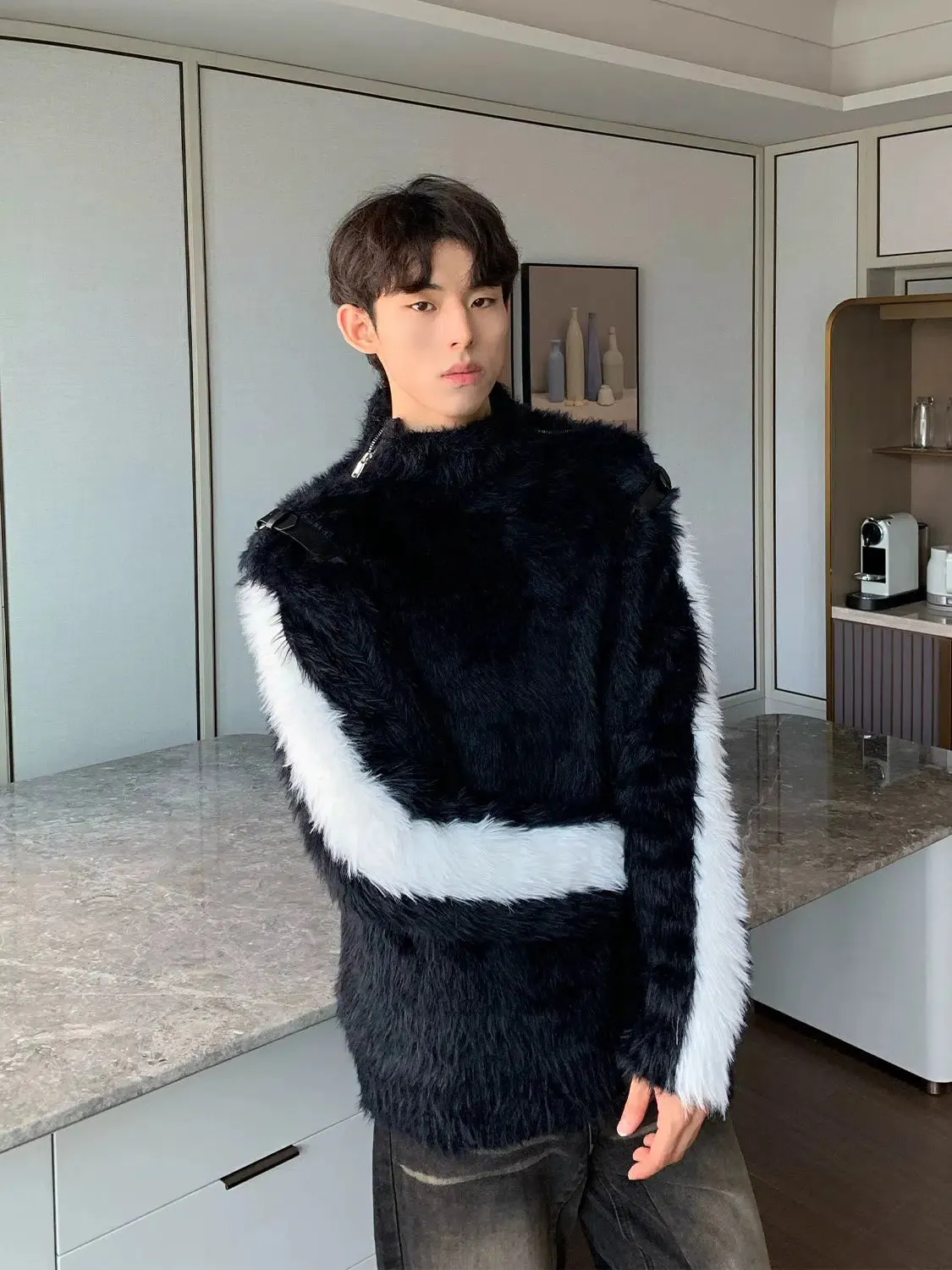Maxct Colorblock Stand-up Collar Faux Mink Sweater