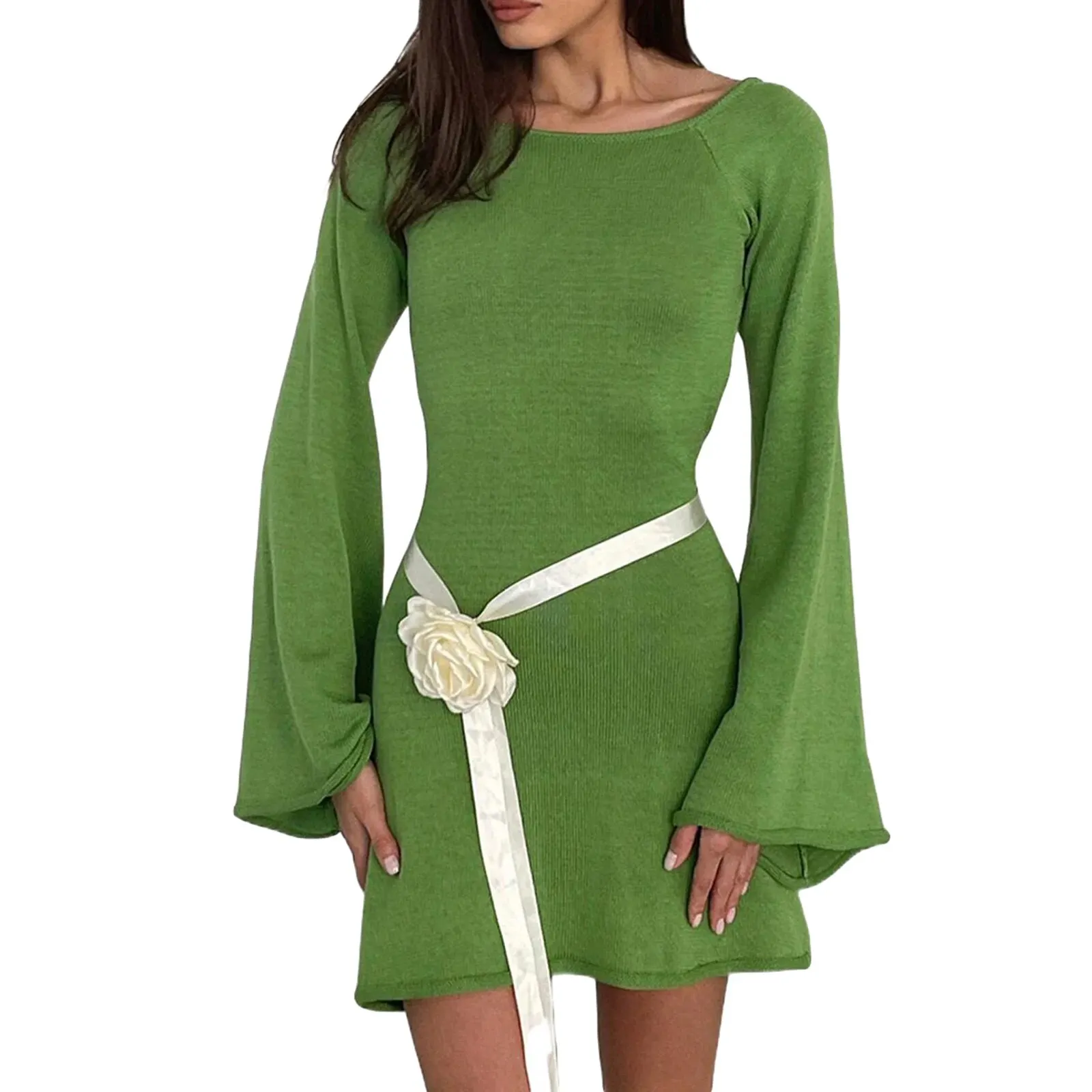 Maxct Women Knitted Dress Casual Solid Color Backless Long Sleeve Mini Party Dress for Beach Cocktail Club Streetwear