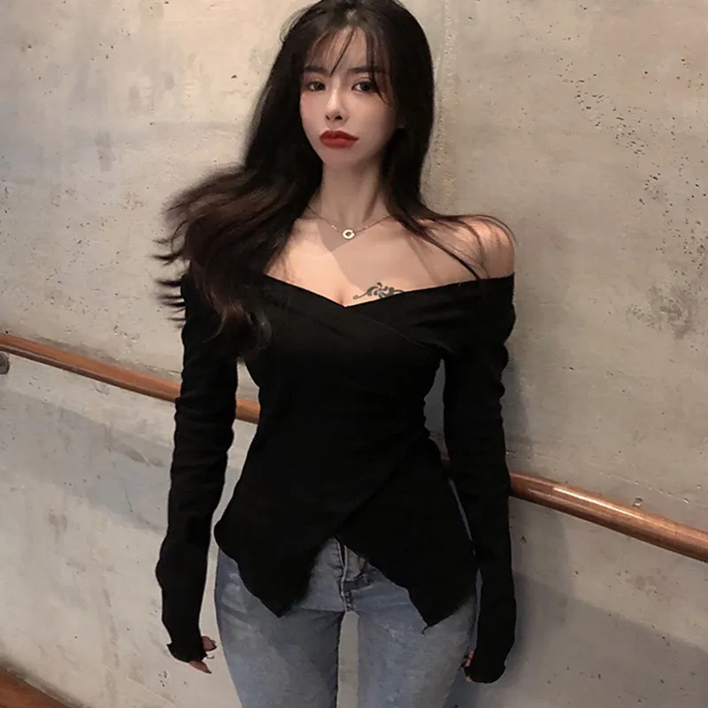 Maxct Women Sexy Slim V neck T-shirt Long Sleeve Solid Color Off Shoulder Korean Sweet Tee Tops Basic Tshirt