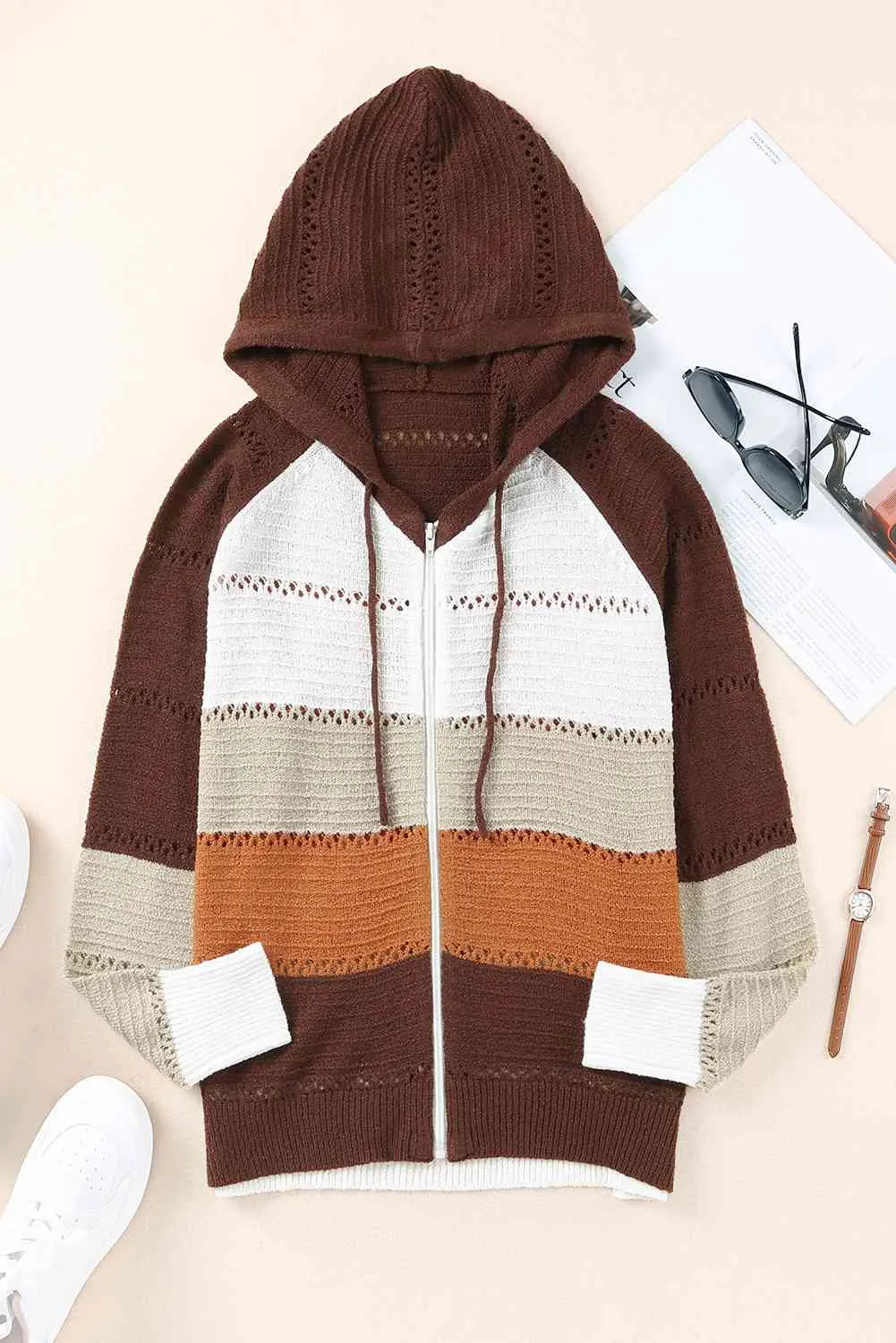 Maxct &Zip-Up Raglan Sleeve Openwork Hooded Cardigan - Image 19