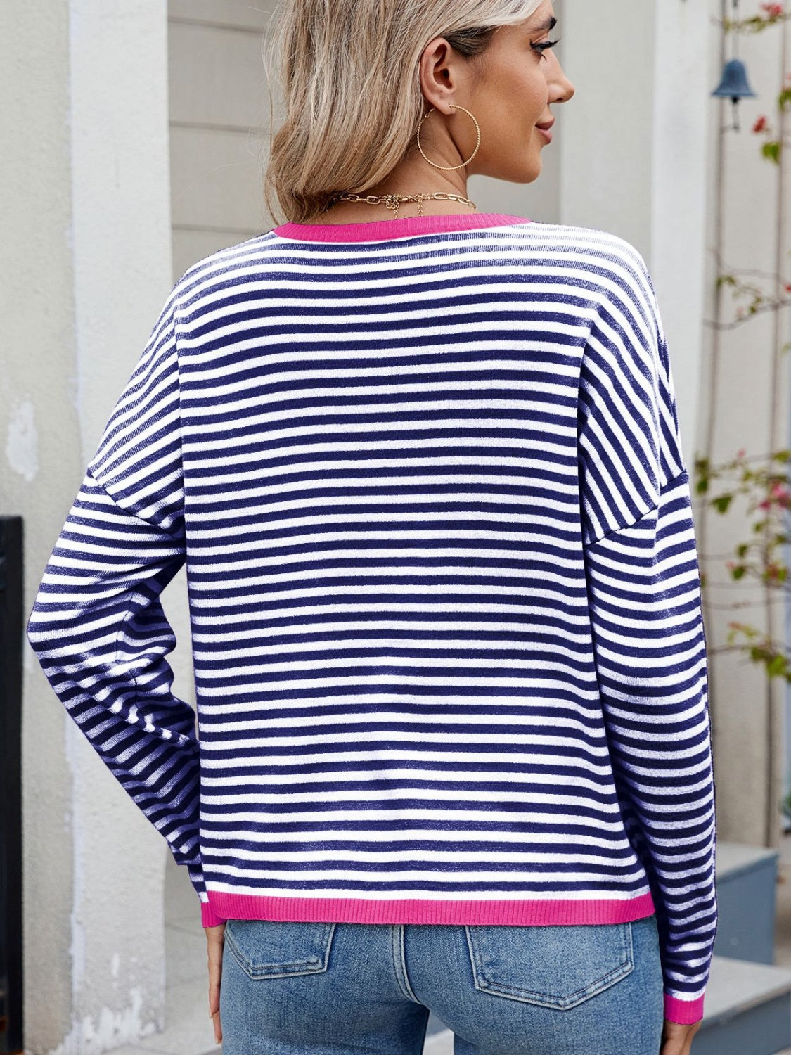 Maxct &Striped Contrast Round Neck Long Sleeve Sweater