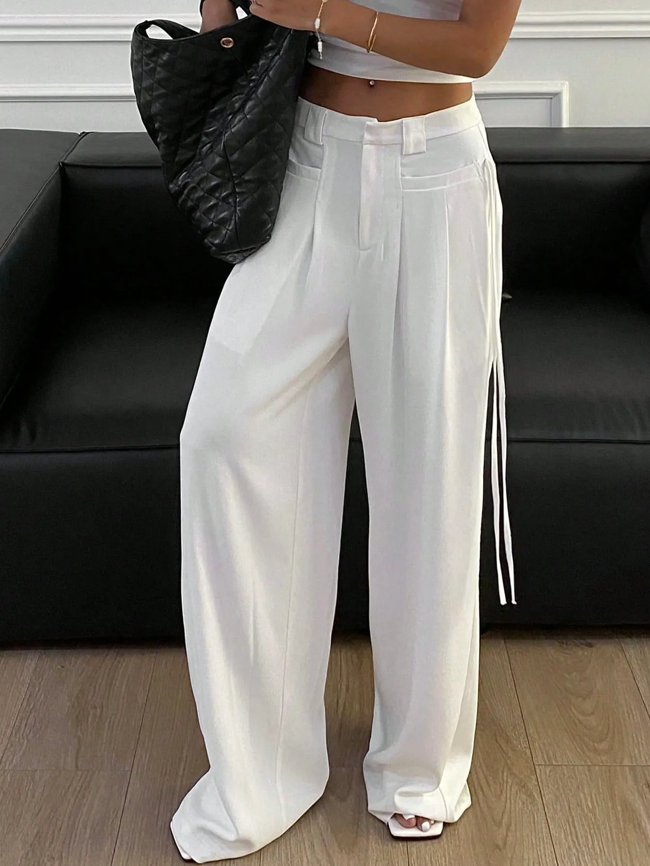 Maxct Solid Color Bow Tie Waist Wide Leg Trousers Women's Suit Pants