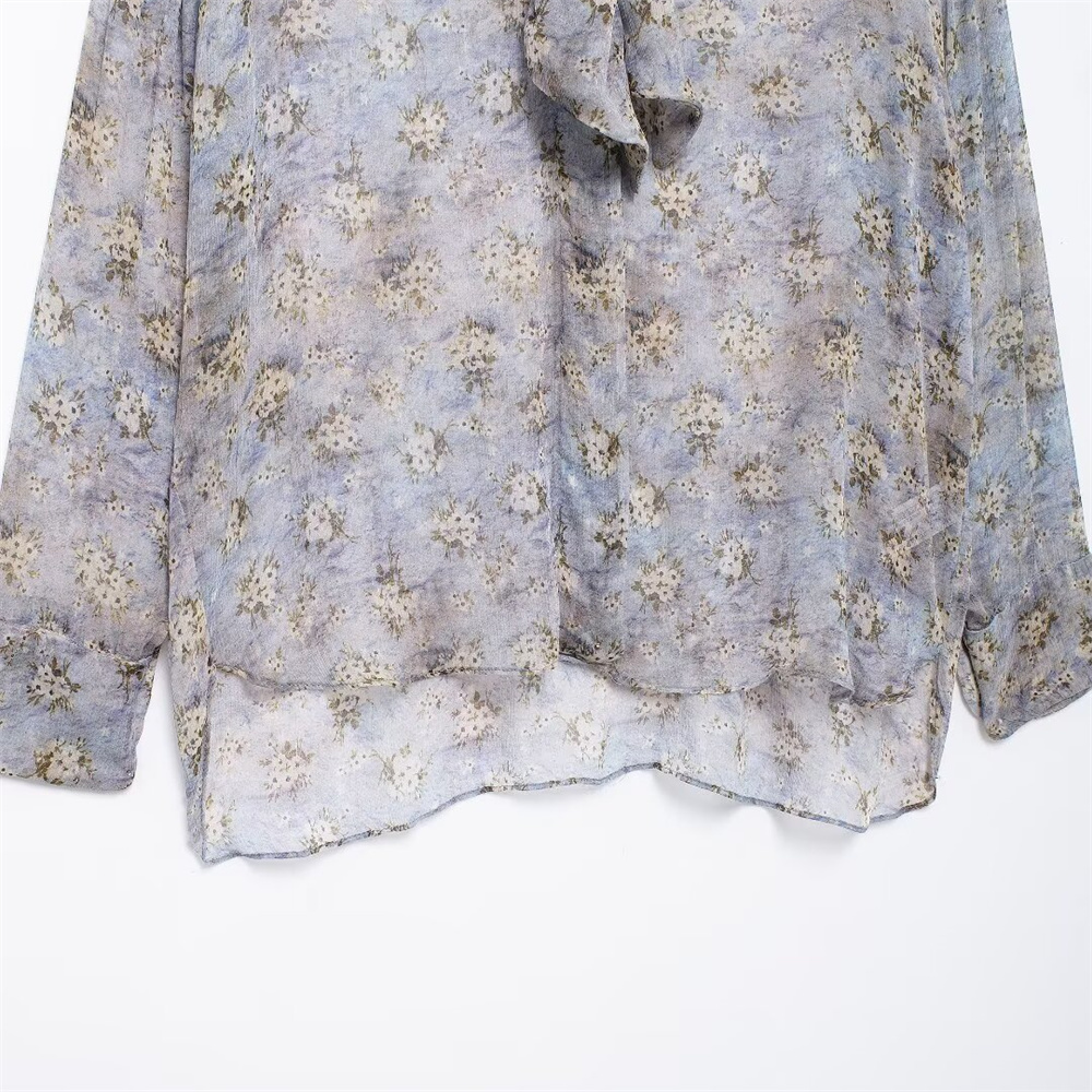 Autumn New Product Women's Casual Versatile Loose Bow Tie Decoration Printed Long Sleeve Shirt Top