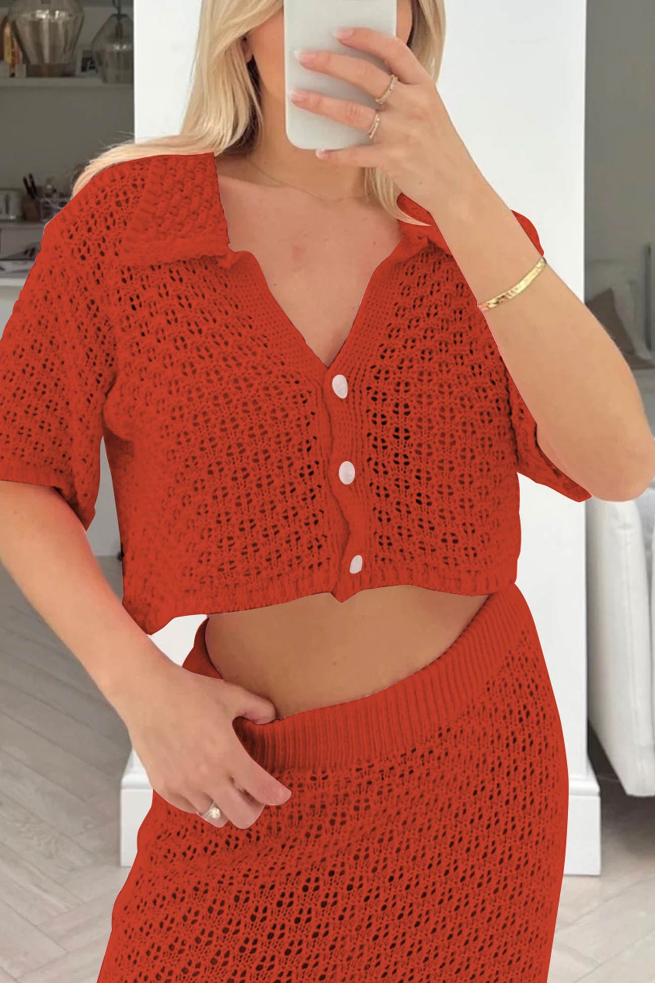 Maxct Hollow Out Crochet Blouses Midi Skirt Suits