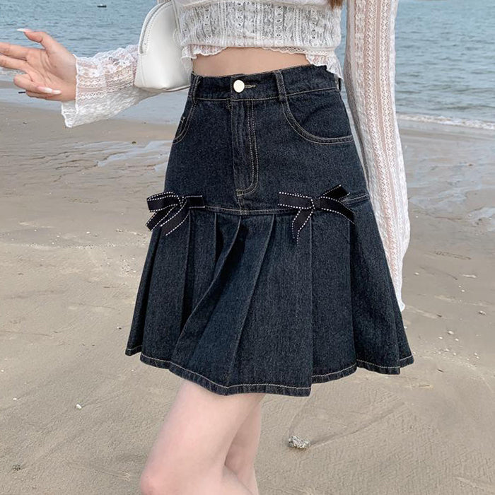 Bow Denim Pleated Skirt Maxct