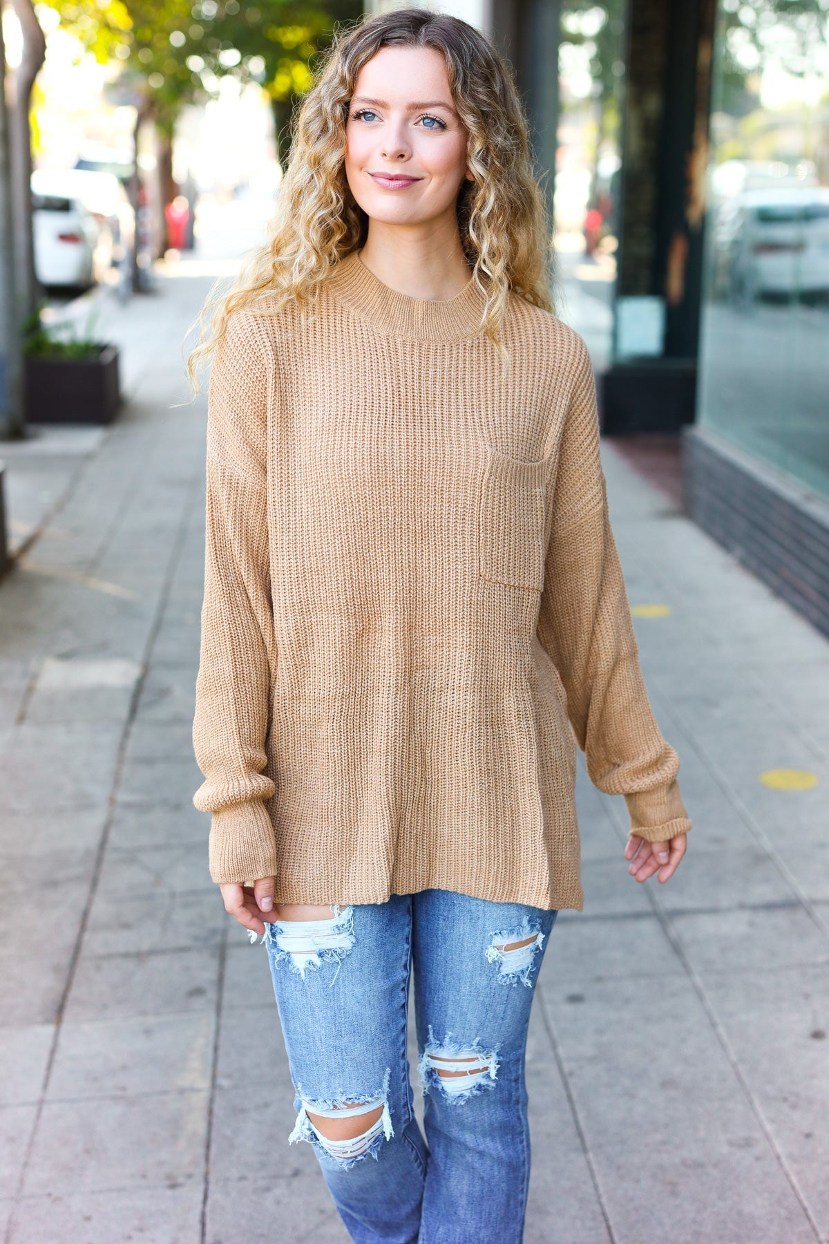 Maxct &Classy Chic Taupe Mock Neck Chest Pocket Knit Sweater