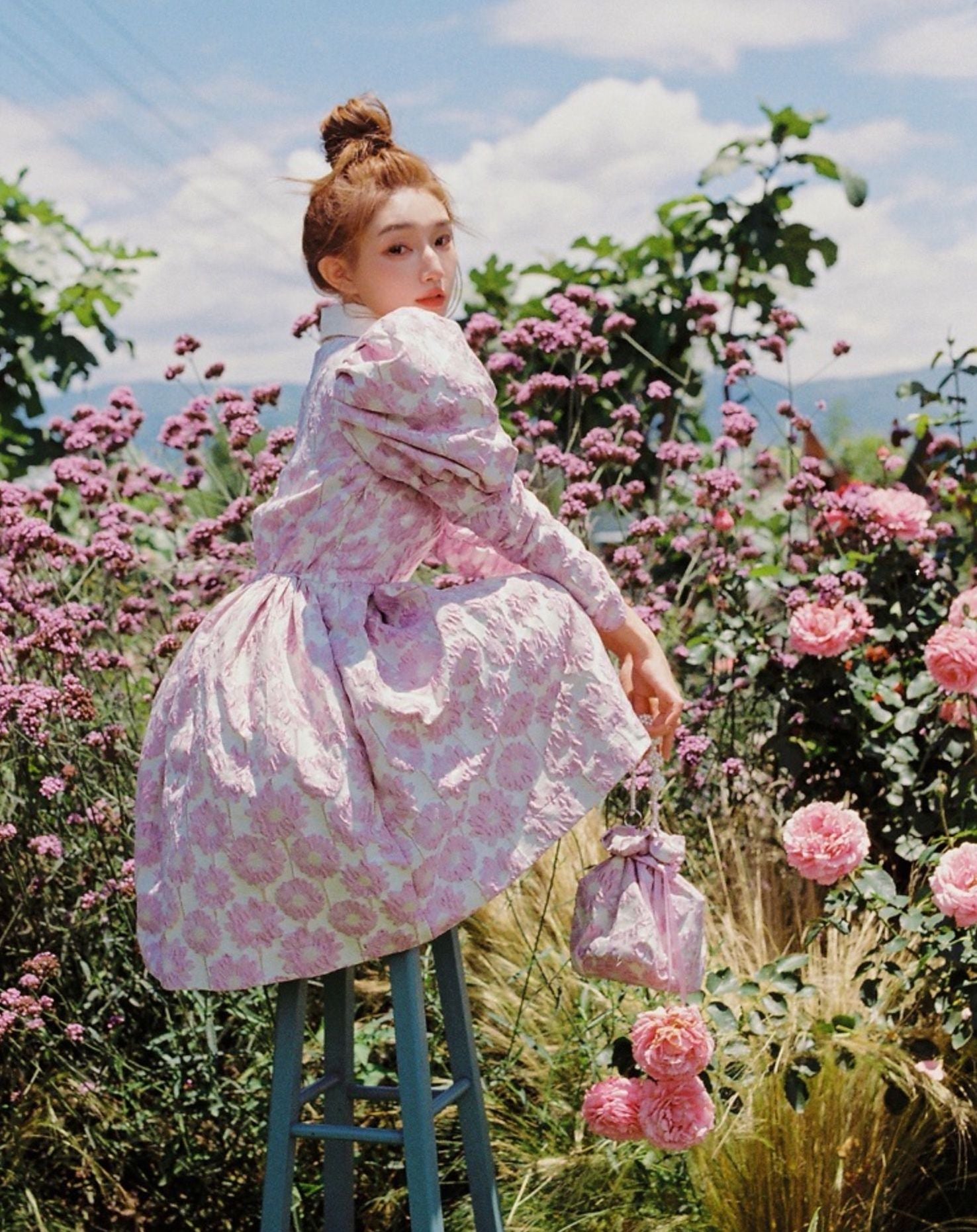 Puff Sleeve Daisy Jacquard Dress Maxct