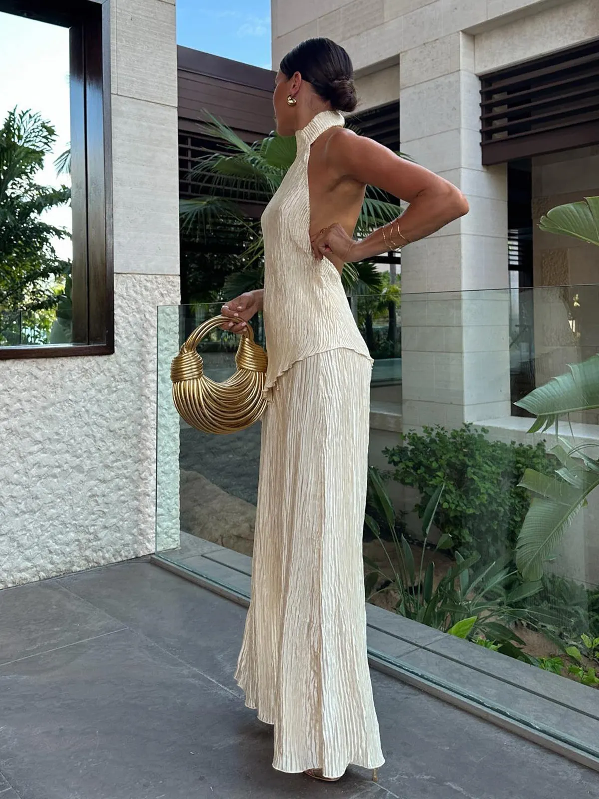 Maxct Asymmetric Halter Crop Top With Wide Leg Pants Set