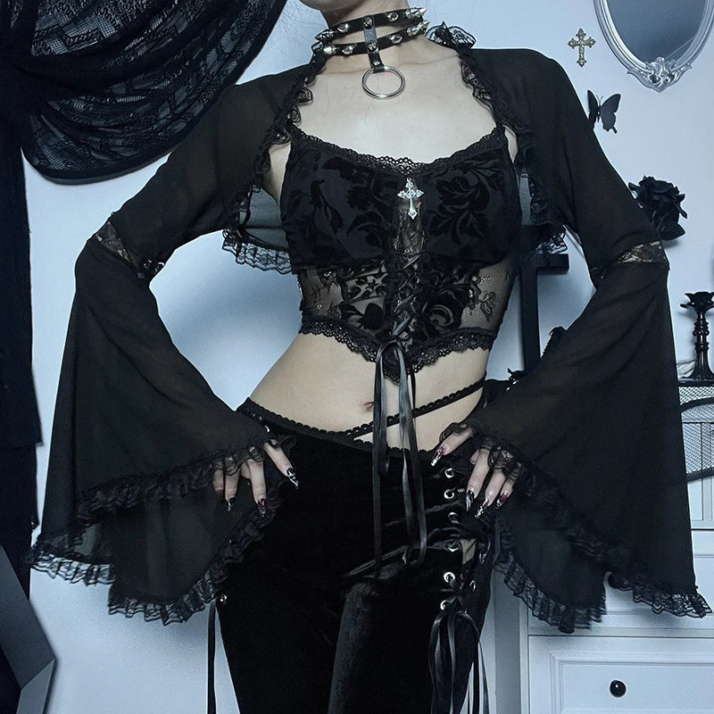 Maxct Women's Gothic Tops Dark Lace Lace Flared Sleeve Blouse Tops Street Sexy Slim Gauze Jacket