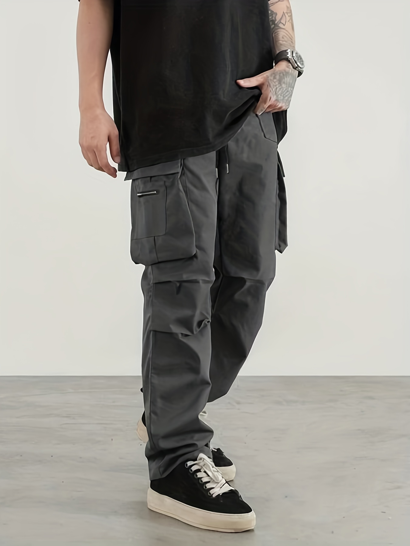 Men's Casual Cargo Pants, Regular Multi Pocket Waist Drawstring Work Pants For Outdoor Activities