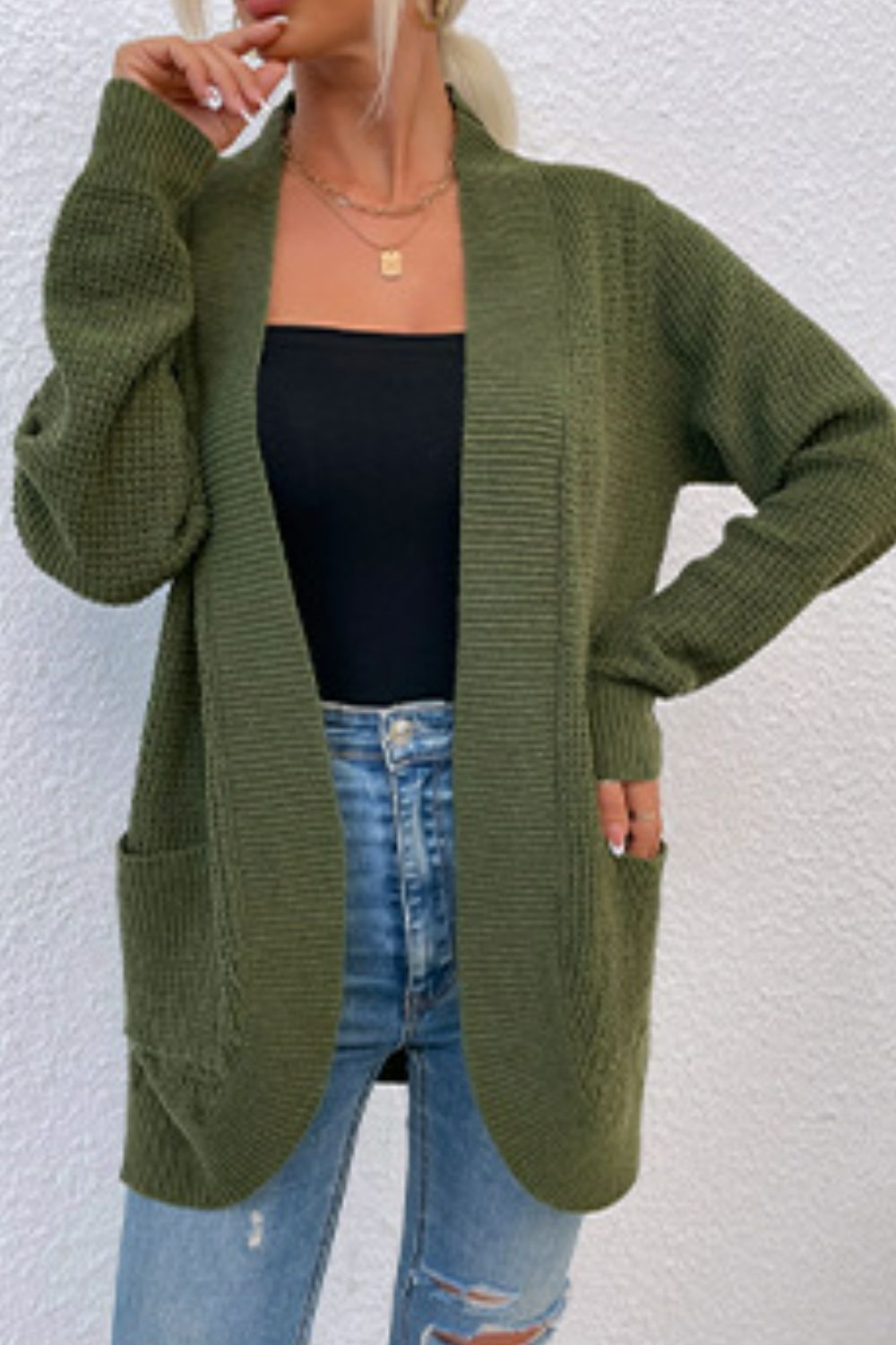 Maxct &Open Front Rib-Knit Cardigan with Pockets