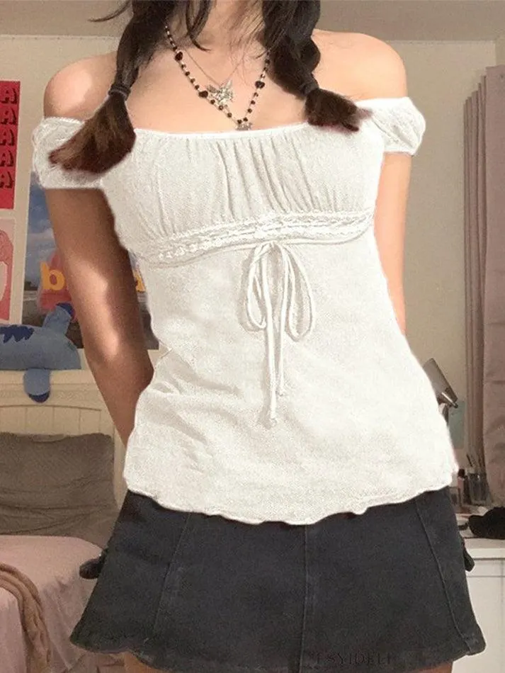Maxct Vintage Tie Front Lace Trim Blouse
