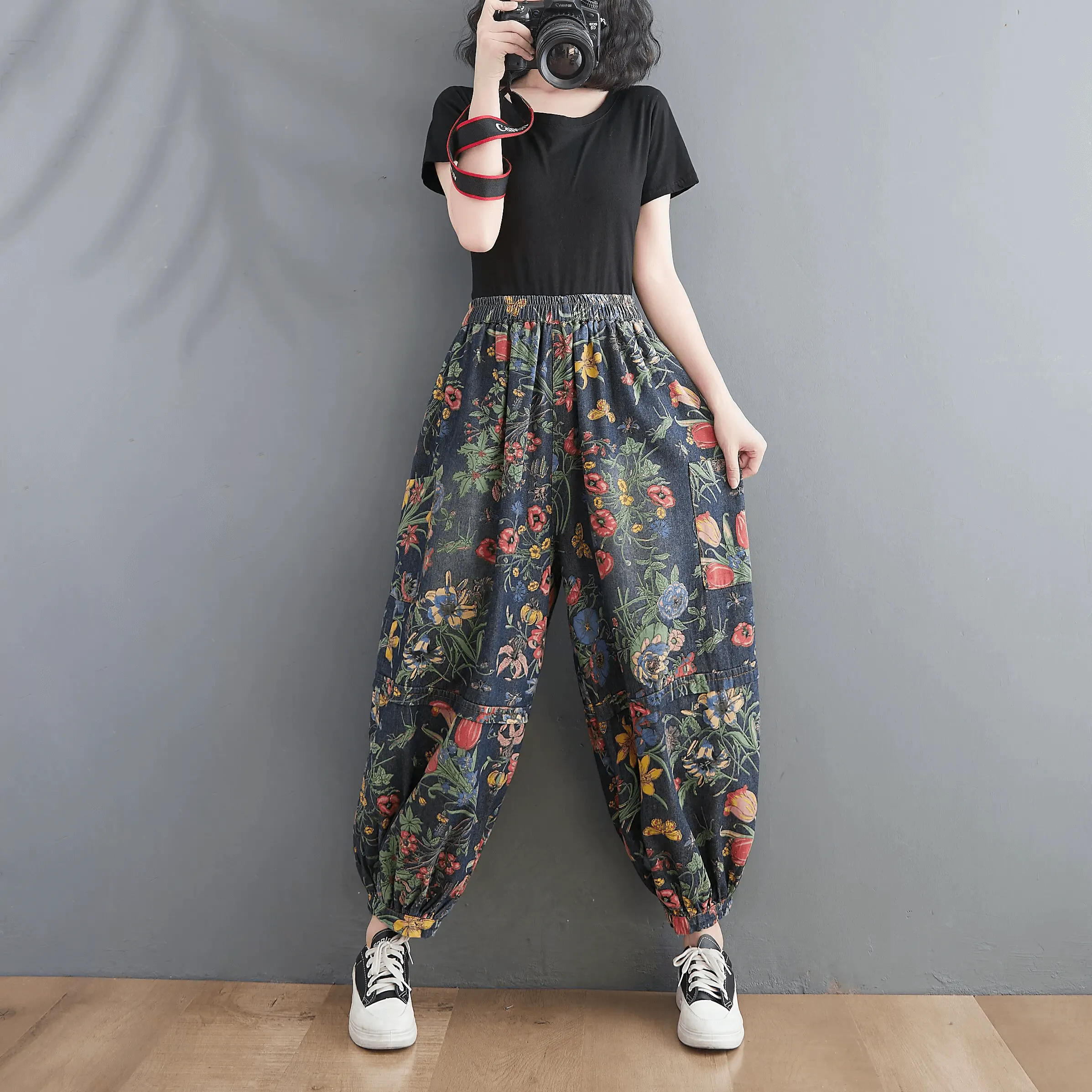 Maxct Women Autumn Retro Blossom High-Waist Harem Pants