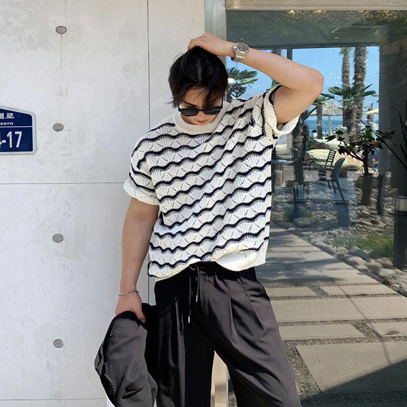 Maxct 90s Streetwear Men's T-shirt Short-sleeved Summer Trendy Brand High-grade Sense Heavy Industry Hollow Knitted Sweater Jacquard Wave Striped T-shirt Top