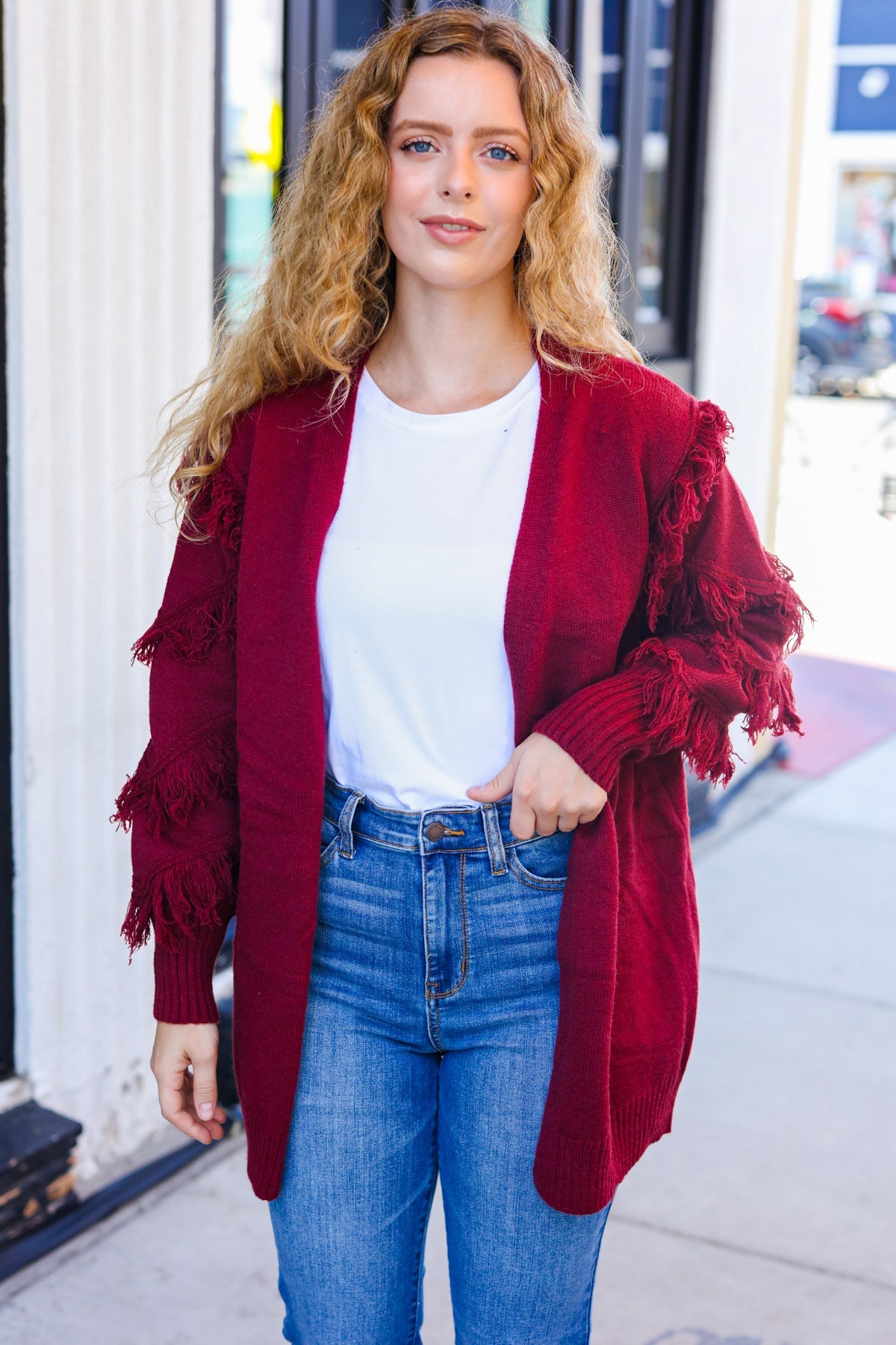 Maxct &Beautiful You Burgundy Fringe Detail Knit Cardigan
