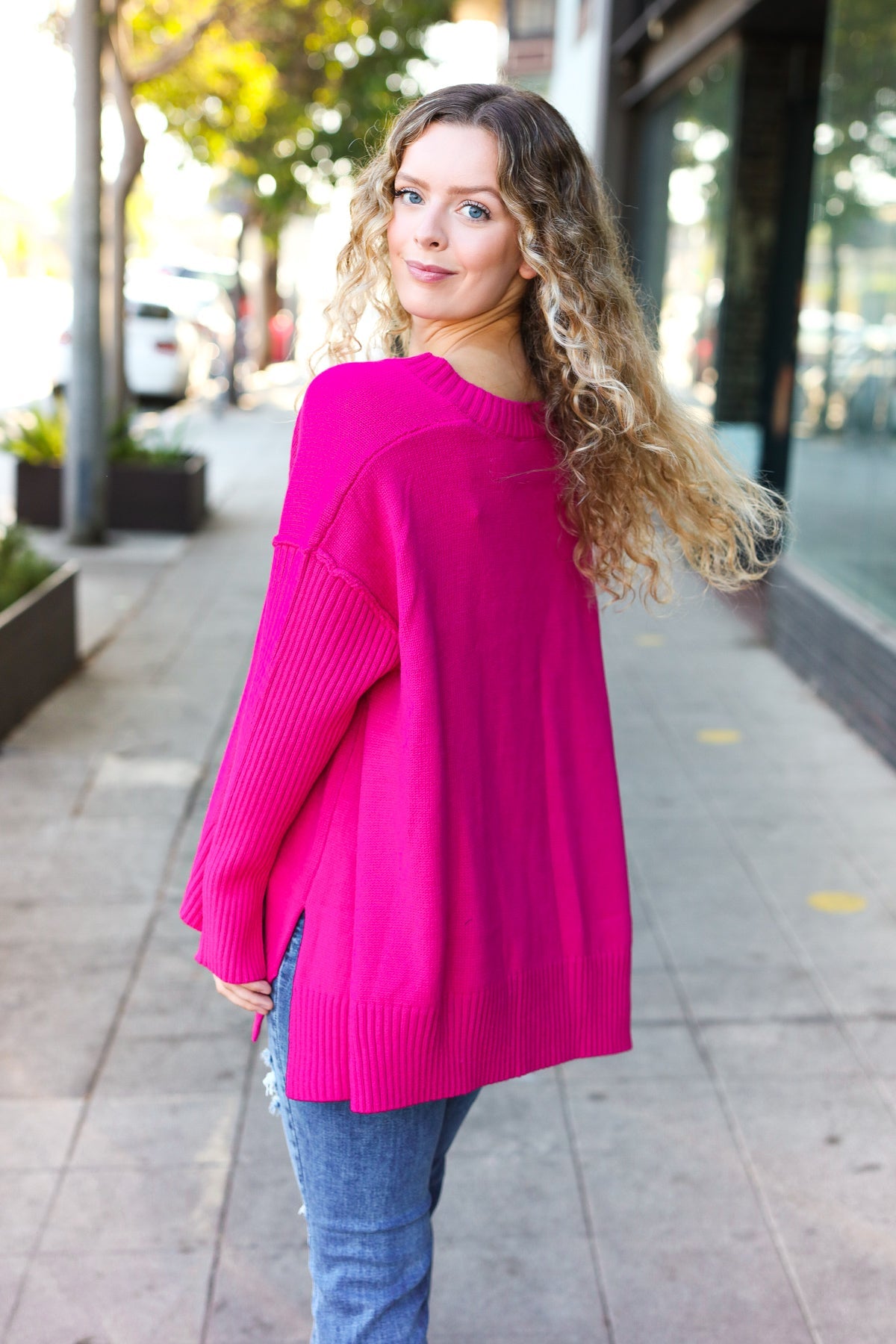Maxct &Be Bold Magenta Oversized V Neck Rib Knit Sweater