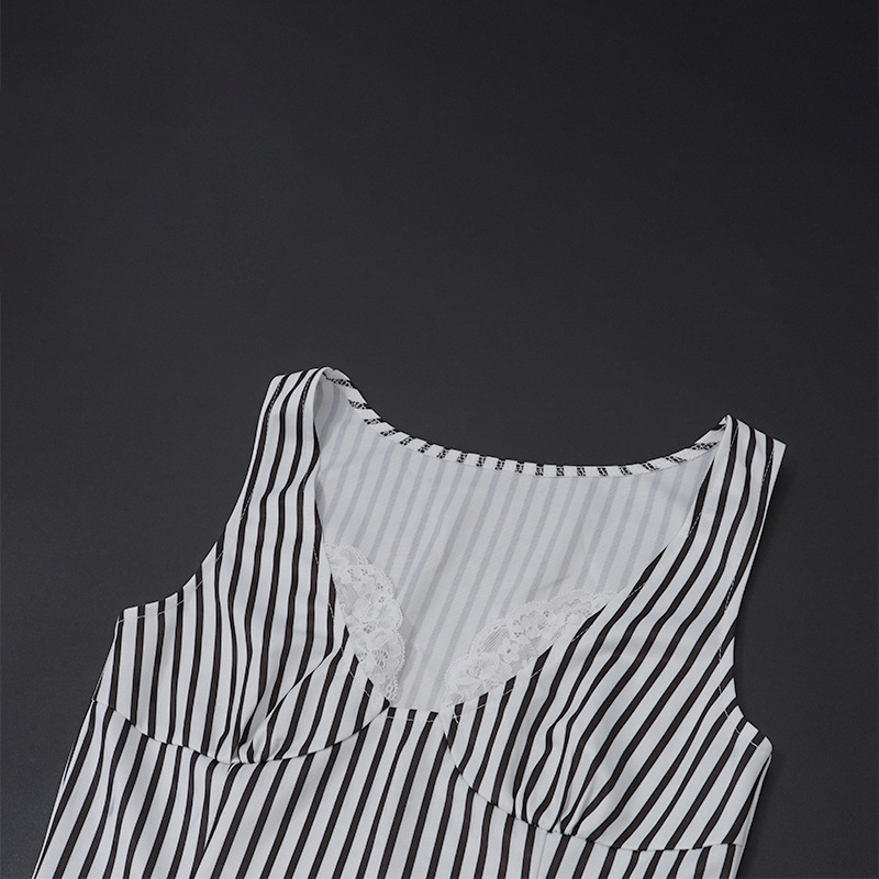 y2k 2 Piece Set Stripe Print Sleeveless Lace Trim V Neck Mini Bodycon Dress with Shorts 2000s Streetwear