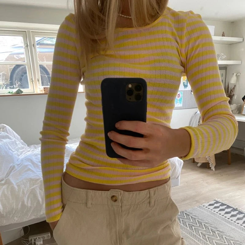 Maxct Vintage Preppy Style Y2K Crop Tops Clothes Cottage Striped Rib Knitted T-shirt Women Long Sleeve Casual Basic Tees Pullovers