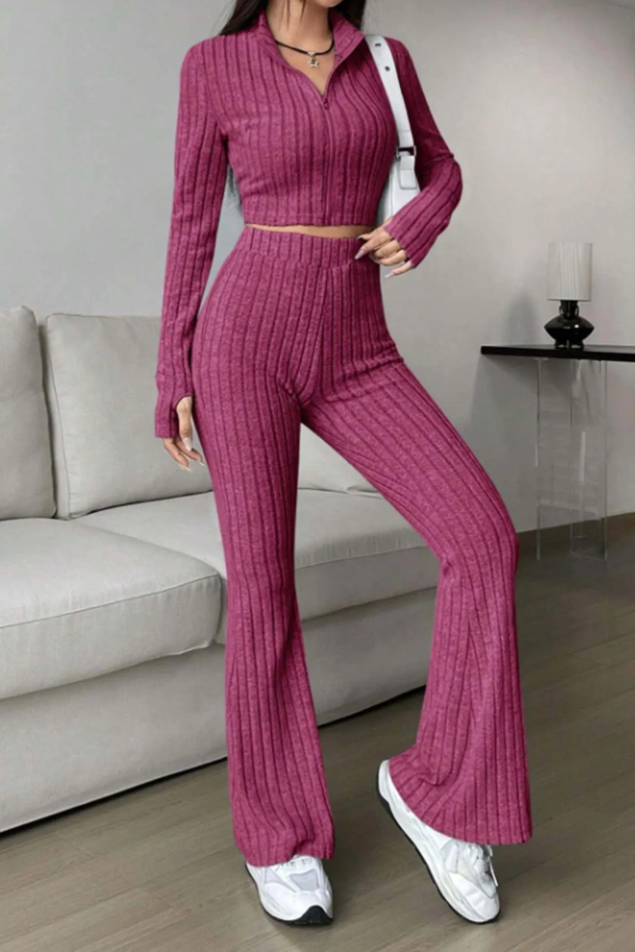 Maxct Zip Long Sleeve Ribbed Flared Pants Set