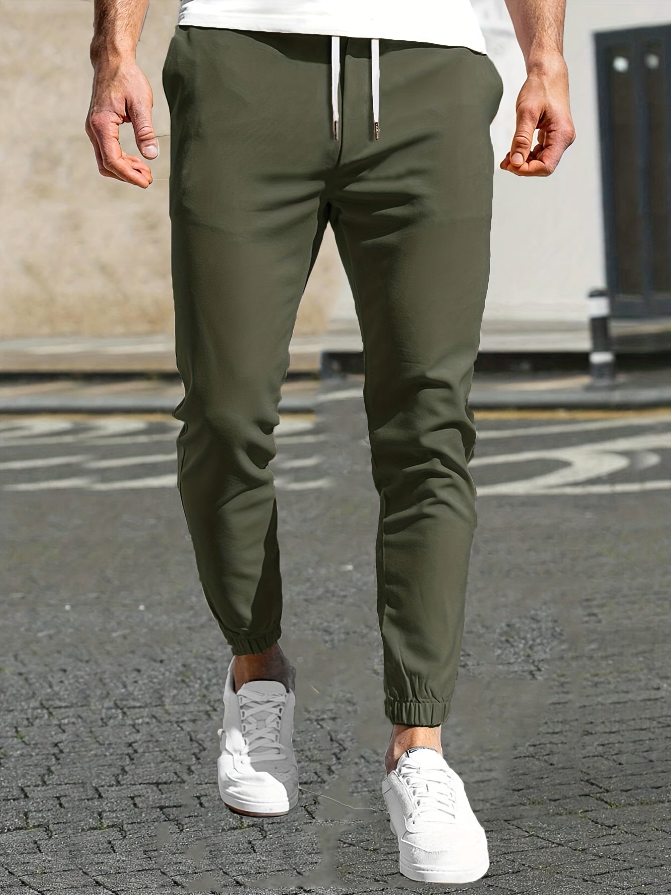 Maxct  Slim Pockets Classic  Trousers, Men's Casual Solid Color Lace-up Pants For Spring And Autumn