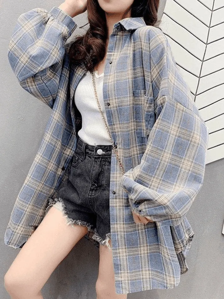 Maxct Checkered Baggy Long Sleeve Button Blouse