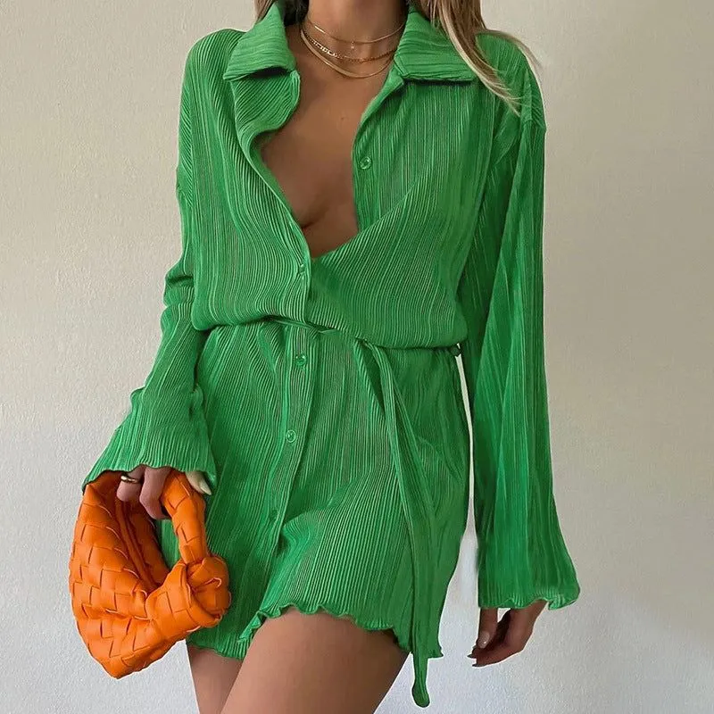 Simona Pleated Button Up Shirt Mini Dress Maxct