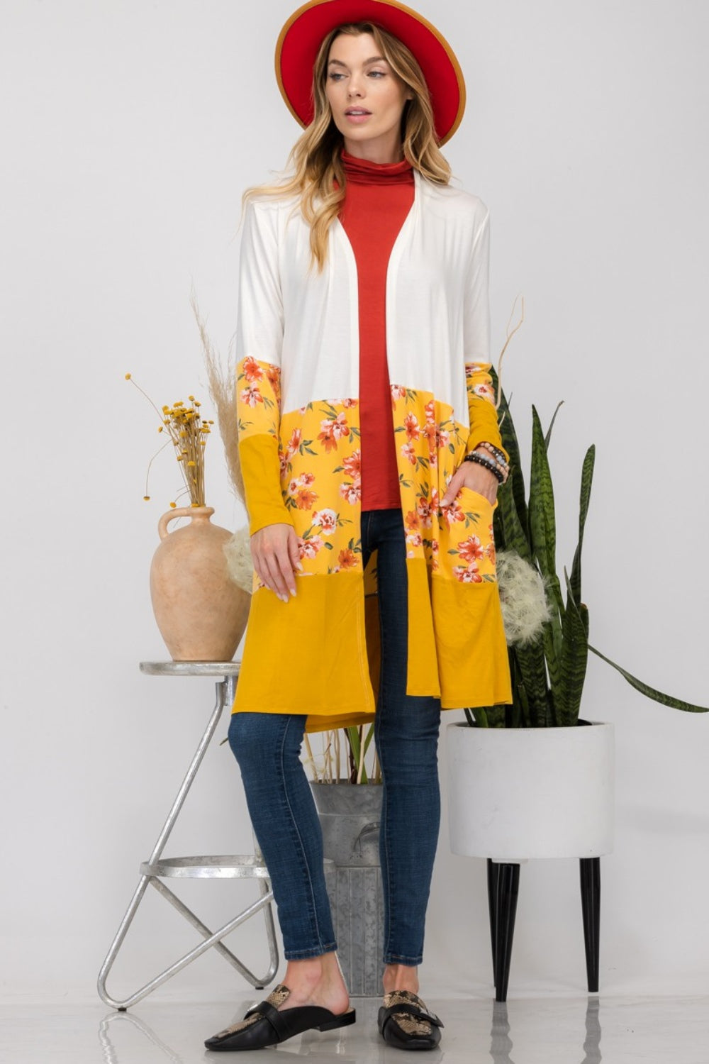 Maxct &Celeste Full Size Floral Color Block Open Front Cardigan