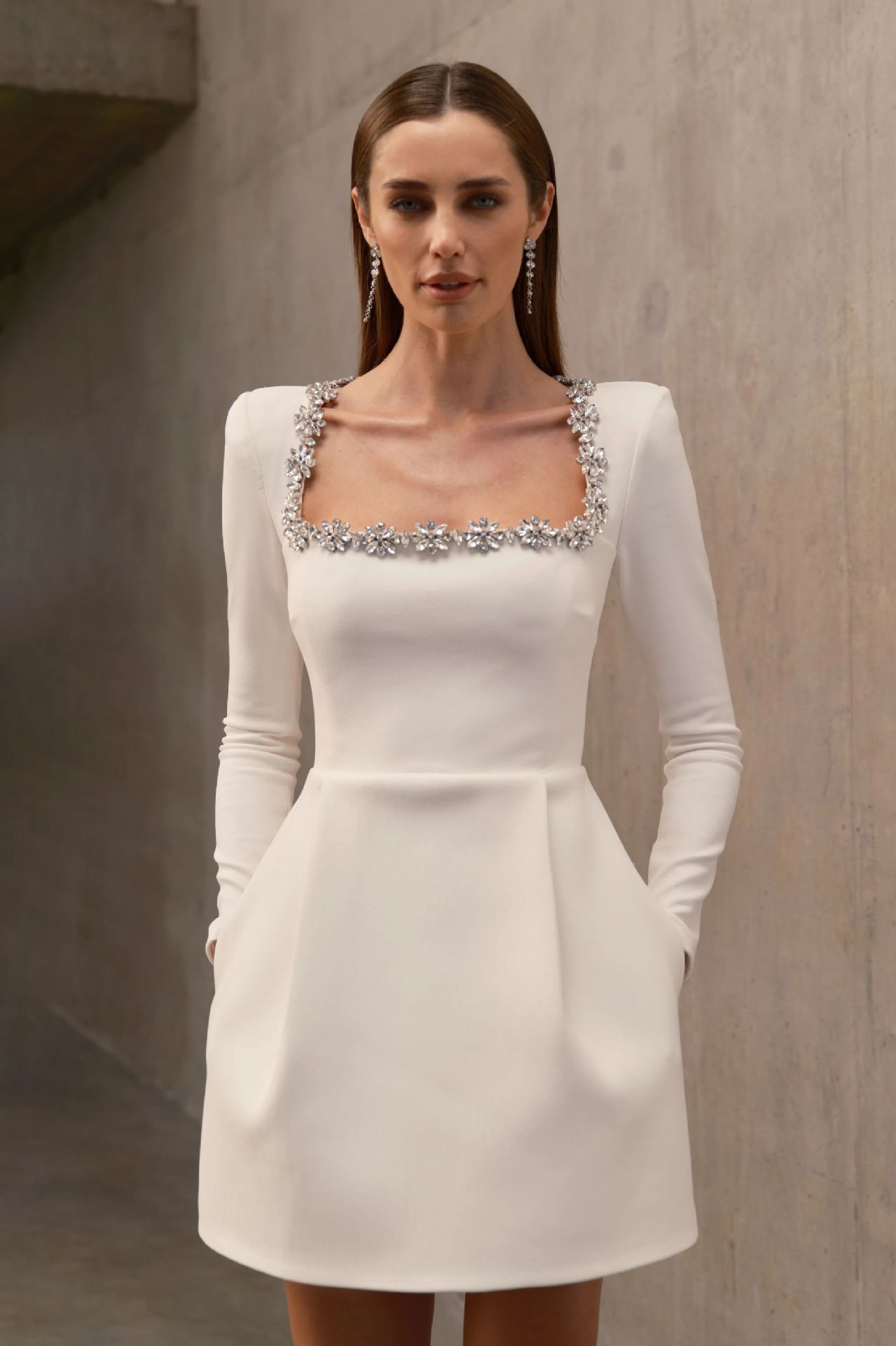 Maxct 2024 New Women's White French Square Collar Diamond Long Sleeve Bandage Dress Summer High-end Sense - Image 7
